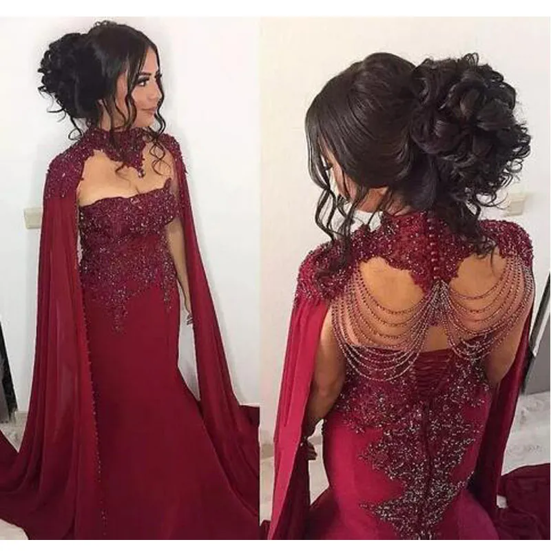 Mode Saoudienne Arabe Bourgogne Sirène Robes De Bal Col Sexy Plus La Taille Robe De Soirée Formelle Avec Cape Perlée Robe De Soirée De Célébrité