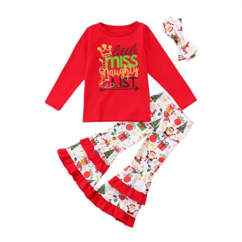 크리스마스 키즈 아기 소녀 복장 긴 소매 옷 tshirt 탑 드레스 긴 플레어 바지 3pcs 의상 세트