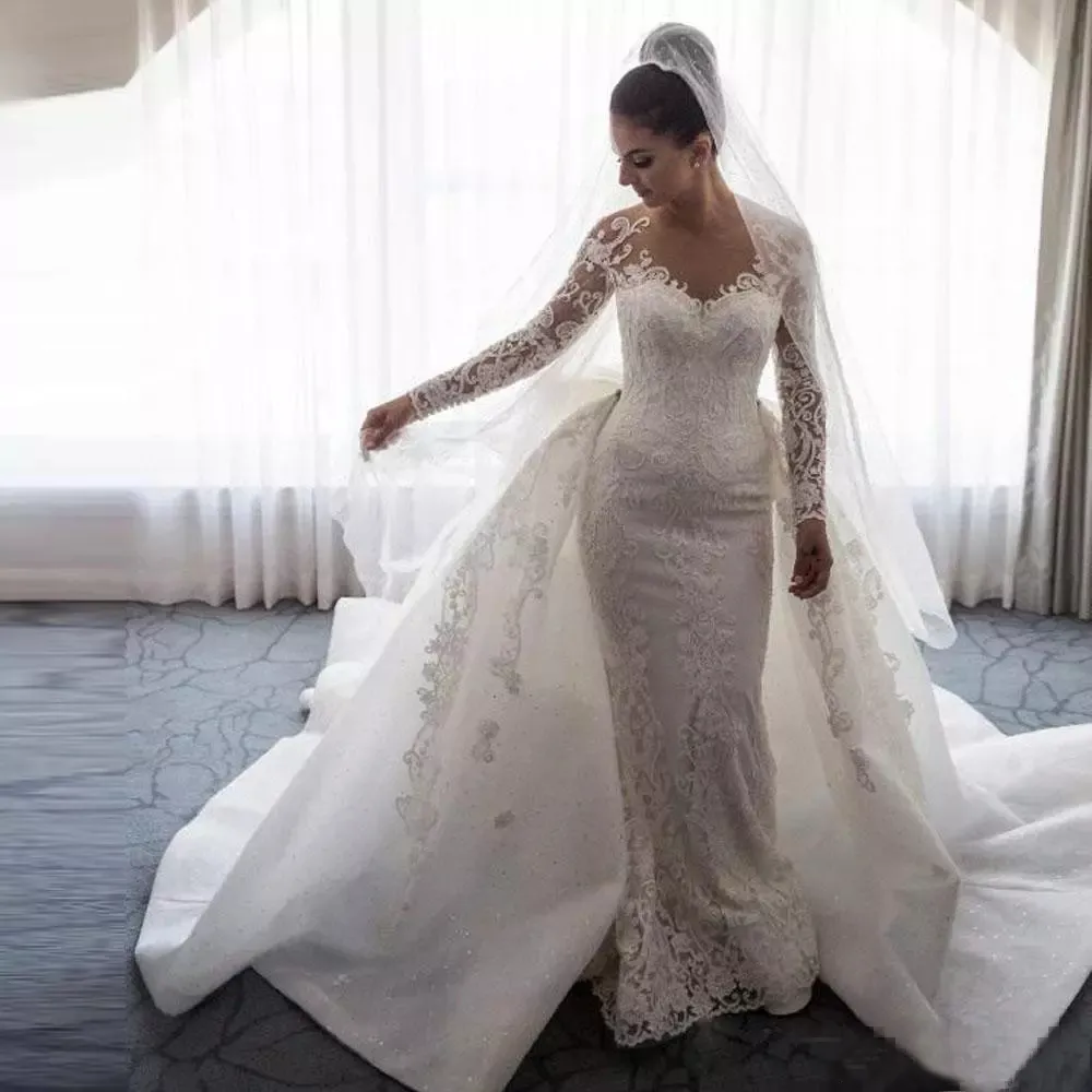 Robes de mariée sirène en dentelle à manches longues sur mesure 2023 avec des appliques de train détachables col de bijou Steven Khalil robes de mariée de taille plus