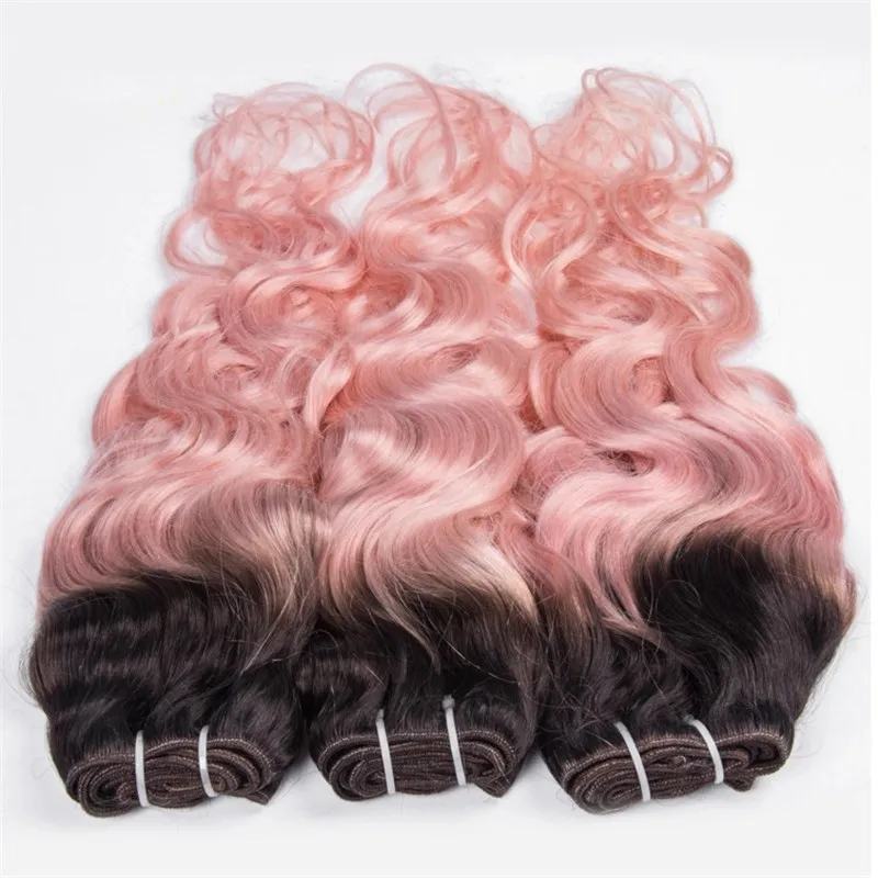 濡れて波されたバージンブラジルのオムレピンクの人間の髪織り束3個＃1b /ピンクの暗い根のオムレ人間の髪の束は水波を扱う