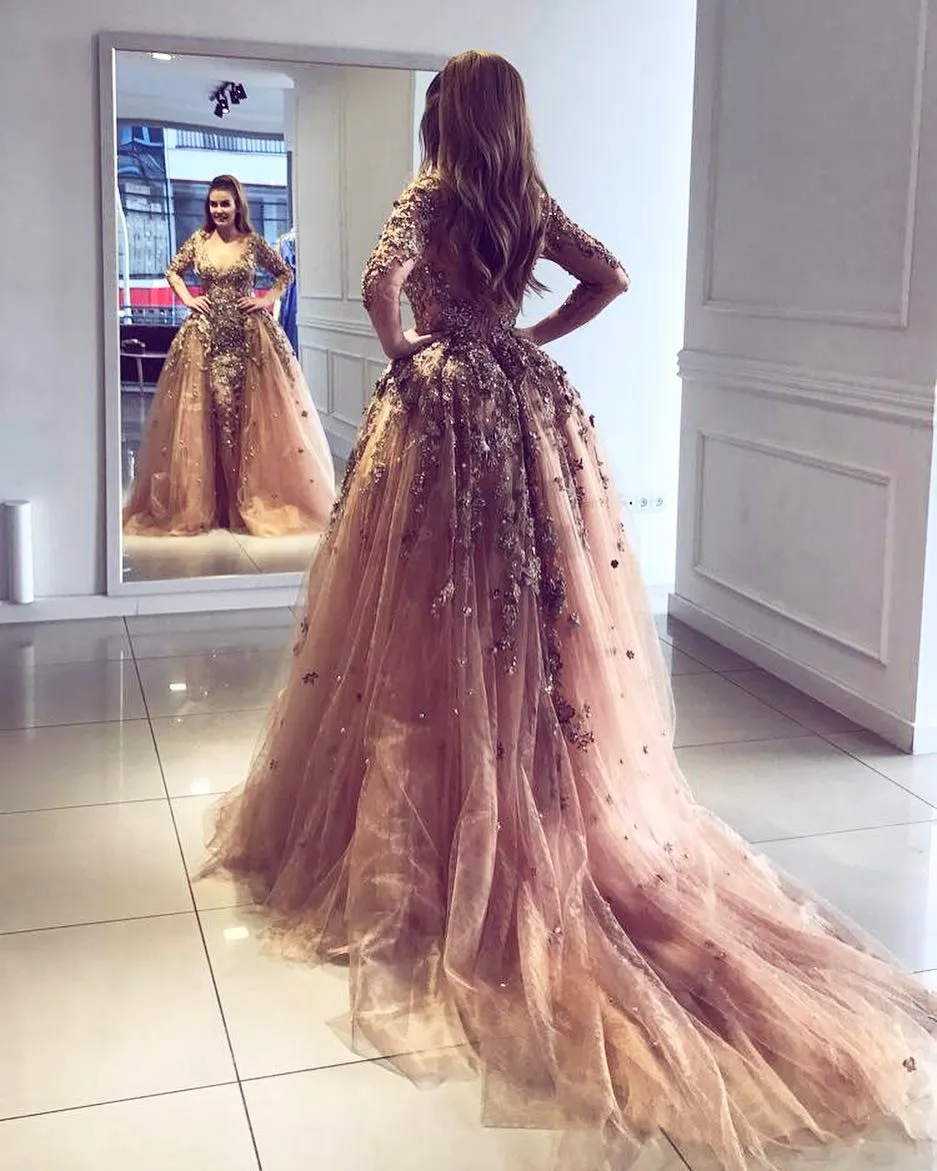 Enchantment Luxury Mermaid Prom Dress With Overskirt V-Neck Pearls Sequin Beads Long Sleeve Celebrity Dress Fashion Sexy Dubai Evening Dress