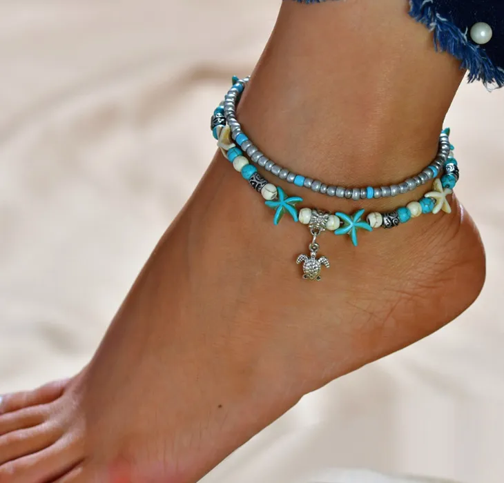 Fashband Bracelet De Cheville Argent Turquoise Vintage Boho - Cheville Multi-Couches Avec Gland, Réglable Plage Été Femme Fille