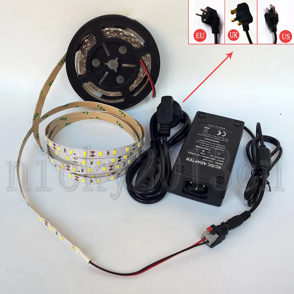 Kit complet 5 M 5630 LED bande lumineuse ruban ruban 300 LED s Super lumineux Non étanche + alimentation 12 V 5A + connecteur DC