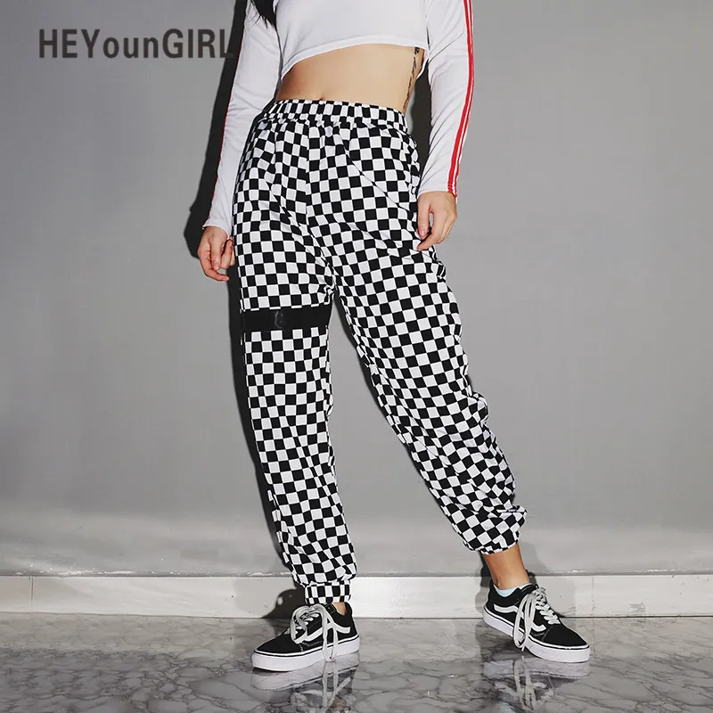 Heyoungirl rutig plaid harem byxor kvinnor checkerboard byxor hög midja elastiska plast sweatpants streetwear pantaloner