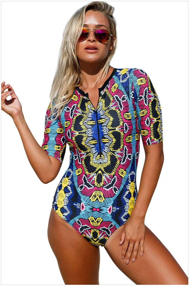 Womens Zip Front Printed Padded Half Sleeve/Long Sleeve One Piece Rash Swimsuit Swimwear