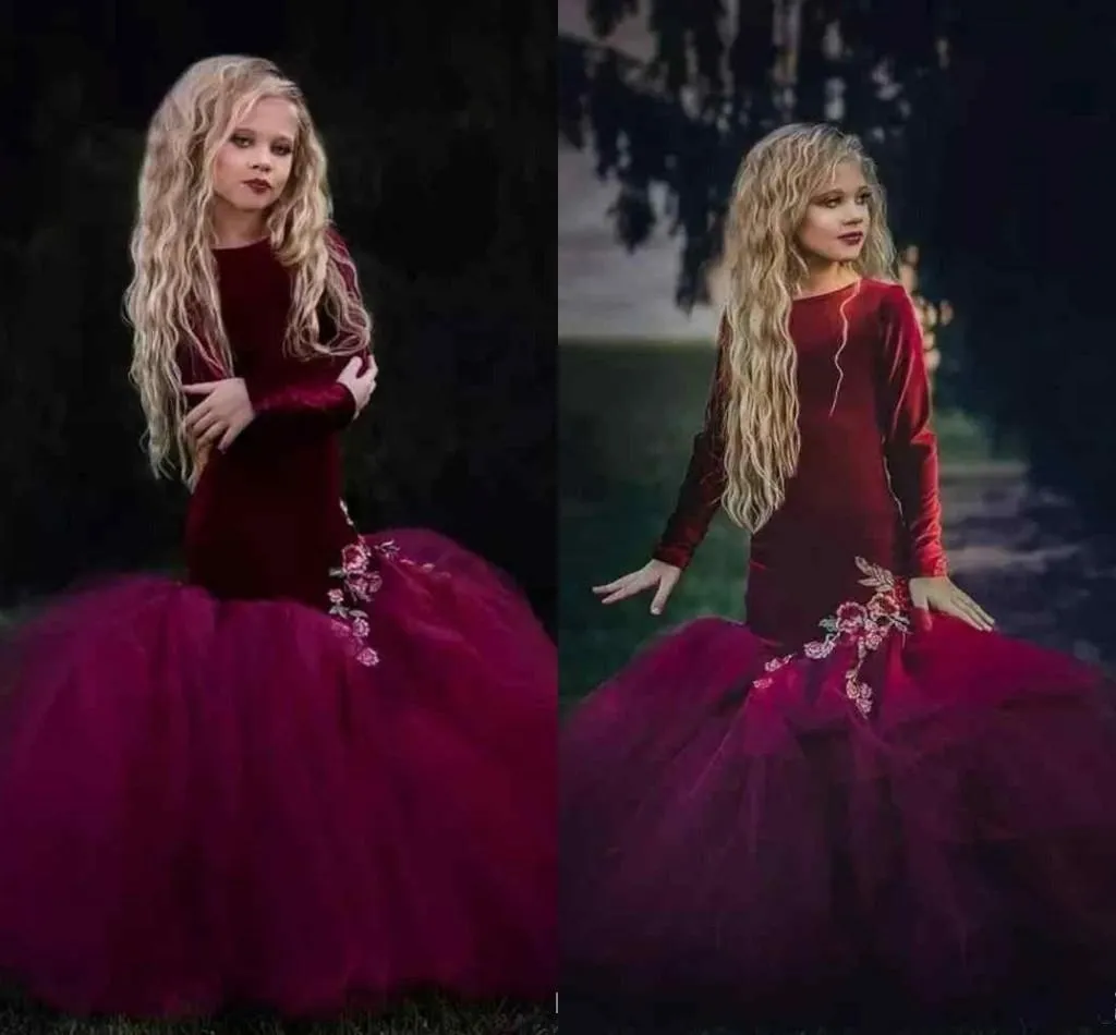 2018 Burgundy Velvet Pageant Mermaid Flower Girls Dresses Appliques Ribbon Ruffle Kids Formal Wear Long Sleeves Hand Made Flowers Dresses