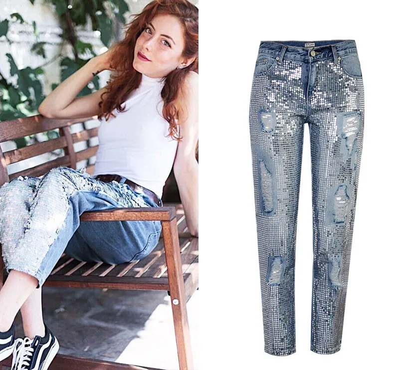 Niñas Moda Lentejuelas Rip Jeans Mujer Diseñador Bling Bling Ripped Recortada Jeans Straight Mid Waist Light Blue XS-2XL SZ