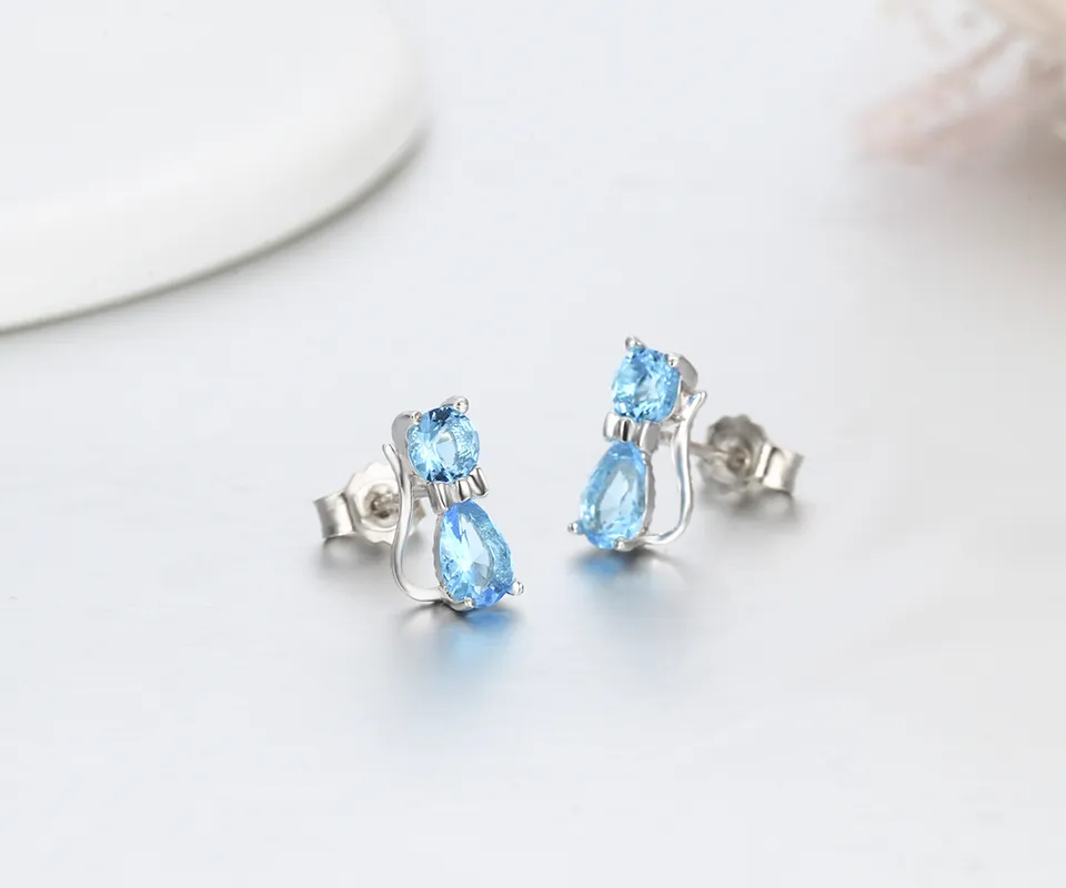 925 Sterling Silver Cute kittens Kitty Cat Ocean Blue Crystals Stud Earrings For Women Girls Kids Child Jewelry Anti-Allergic