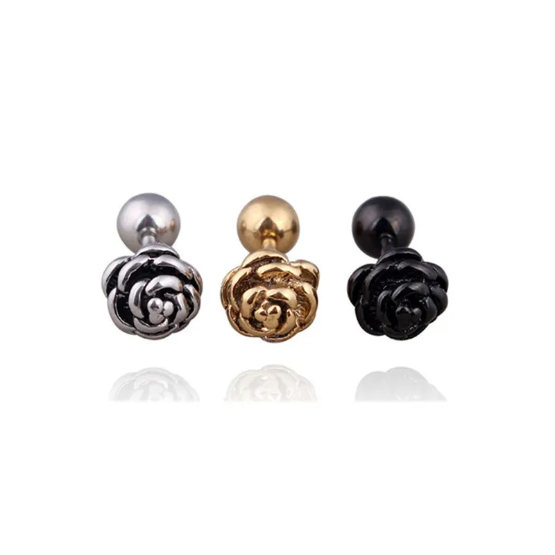 Gold Silber Schwarz Rose Blumen Ohrstecker Edelstahl Ohrringe Langhantel Kugel Ohrstecker für Frauen Unisex Modeschmuck