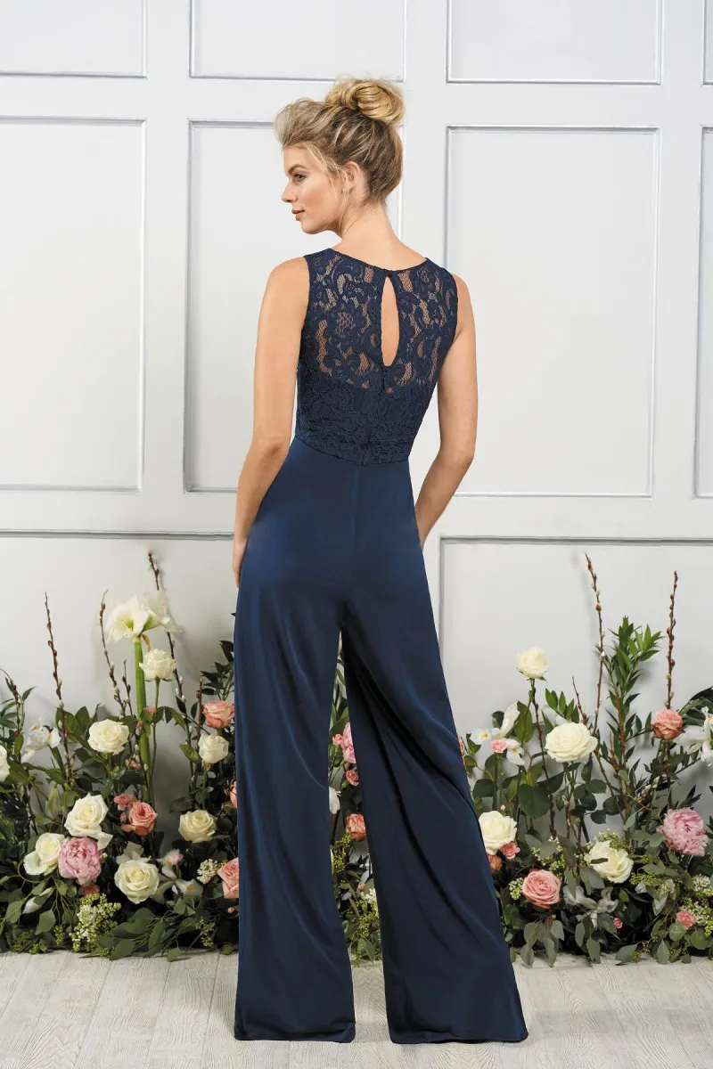 2018 Jasmine Jumpsuits Brudtärnor Klänningar V-hals Mörk Marinblå Maid of Honor-klänningar Strand Billigt Bröllop Gästfestklänning Vestidos De Novia