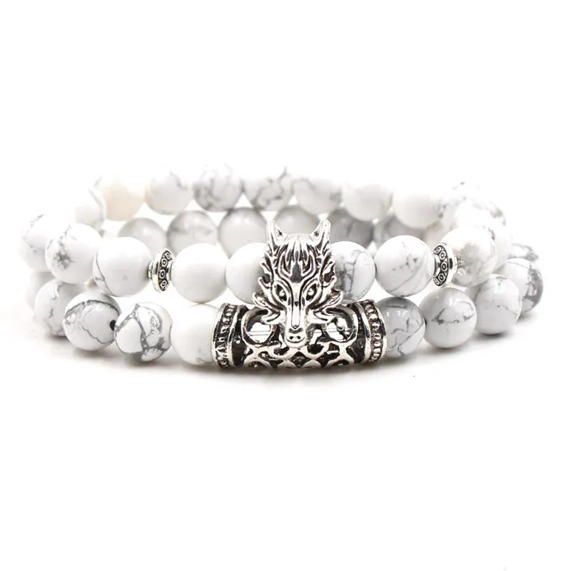 New White Turquoise Bracelet 8mm Natural Stone Bracelet Owl Lion Skull Punk Bangles For Women & Men Gift