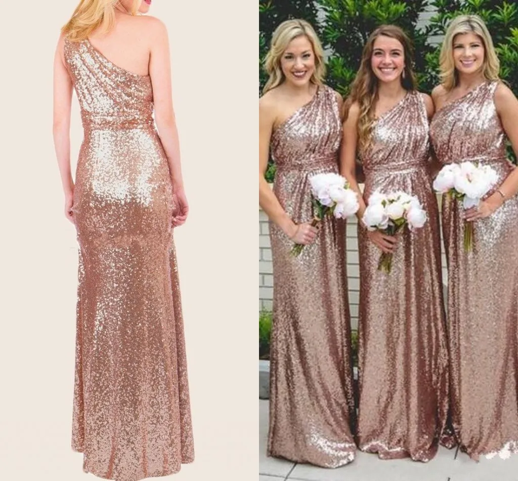 Rose Gold Sequins Bridesmaid Dresses 2018 반짝 반짝 빛나는 결혼식 용 하나의 어깨 라인 길이가 긴 플러스 사이즈 공식 메이드 명예 가운