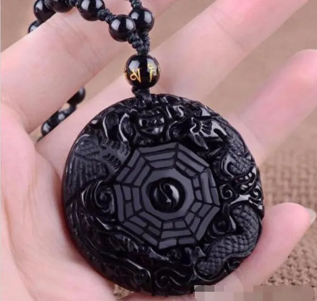 Vente en gros-pendentif en obsidienne noire naturelle, Dragon chinois phénix, huit diagrammes A43