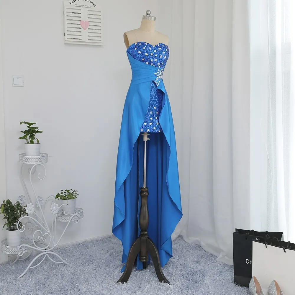 2019 High Low Royal Blue Beaded Long Mermaid Prom Dresses Crystal Brooch Sweetheart Formal Evening Part Dresses