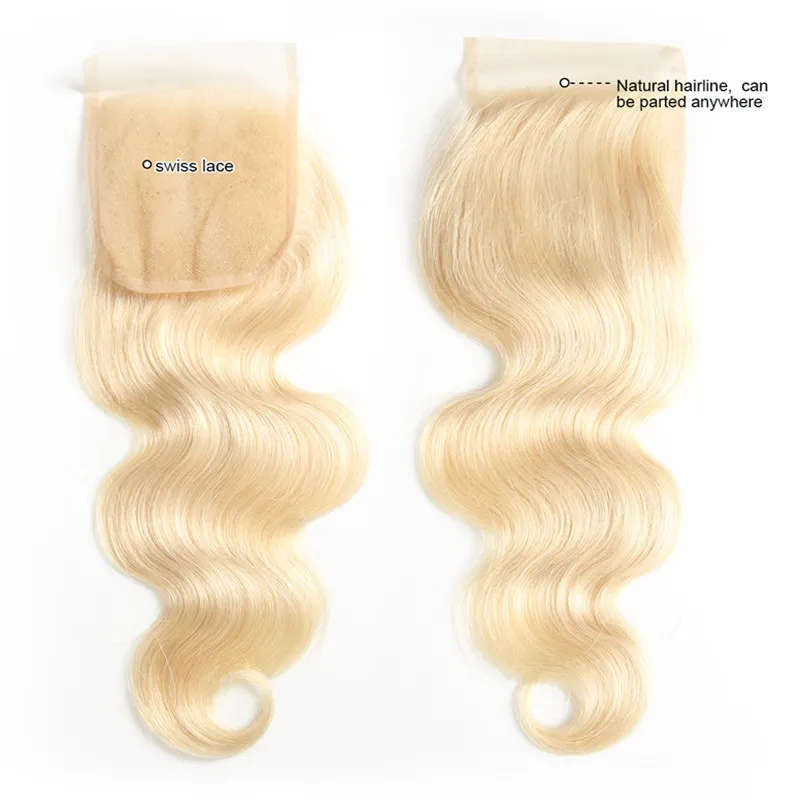 613 Blonde cheveux brésiliens dentelle fermeture vierge cheveux humains vague de corps 4X4 fermeture extensions de cheveux humains