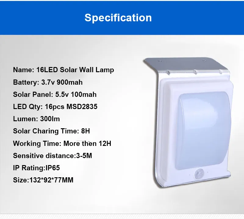 16 Wodoodporna LED Wodoodporna PIR Motion Light Solar Bezprzewodowy ogród ogrodowy Outdoor Landscape Security Lampa ścienna