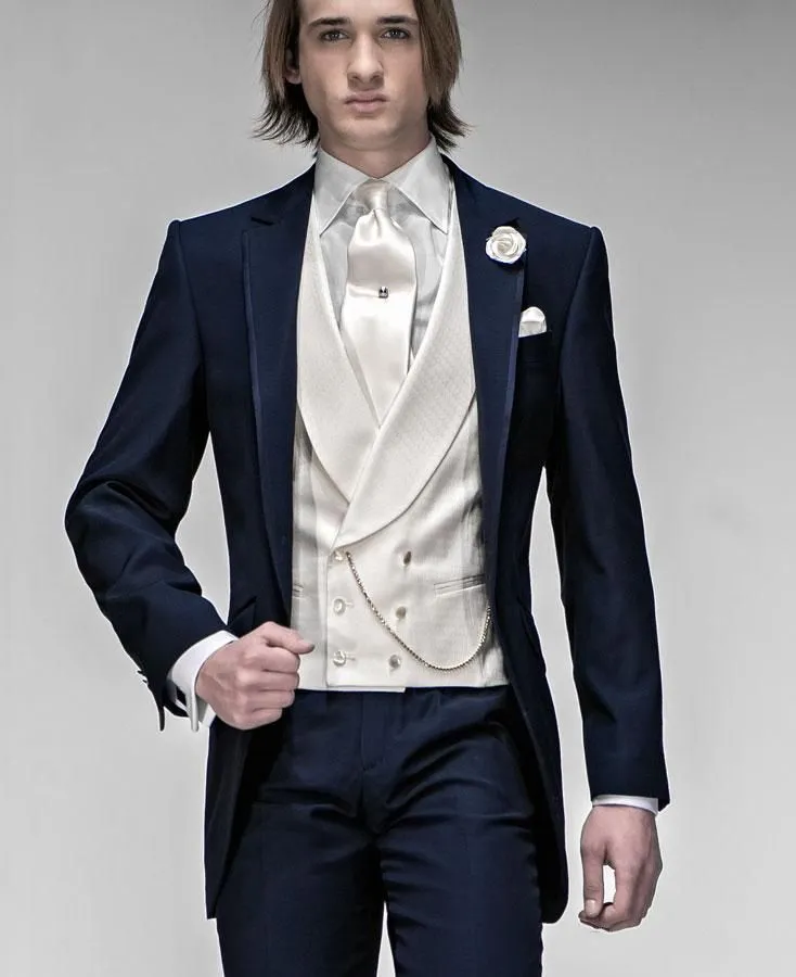 HOT - Nouveau Design Beau Bleu Marine Tailcoat Mariage Hommes Costumes Groom Tuxedos Hommes Party Groomsmen Costumes (Veste + Pantalon + Cravate + Gilet) NO; 155