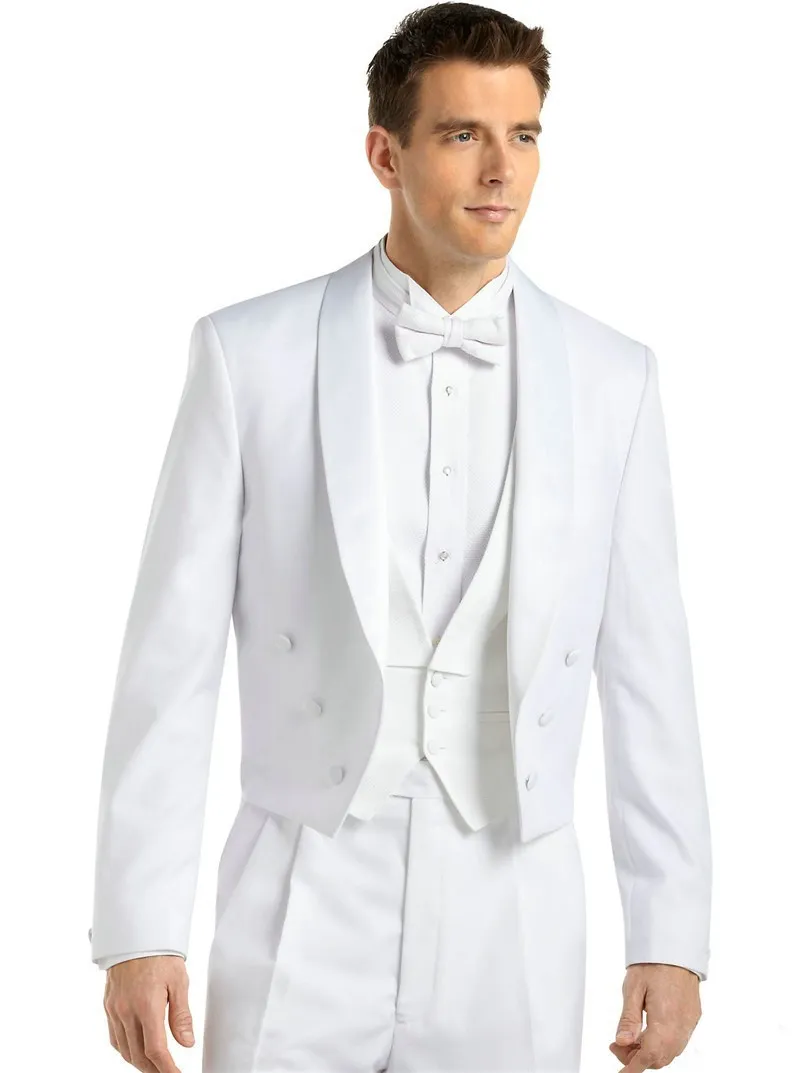 Biały klacz żeglunek pana młodego smokciany rano styl mężczyźni weselne obrzeża szal klapy podwójne breasted mężczyźni formalny bal garnitur (kurtka + spodnie + krawat + kamizelka) 100