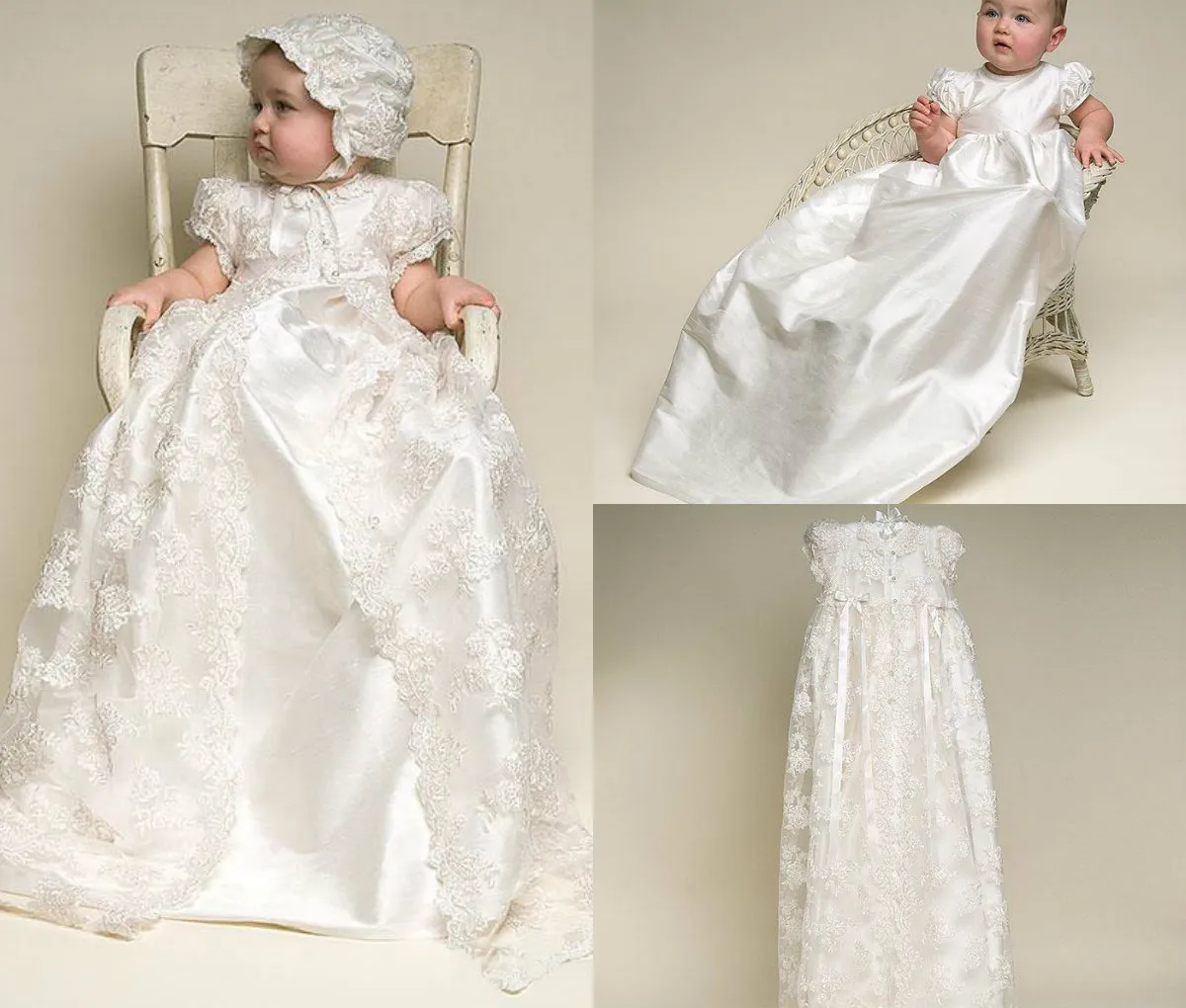 Two in One Vintage Lace Christening Gowns Short Sleeves Ivory White Champagne Long Babies Baptism First Communion Dresses