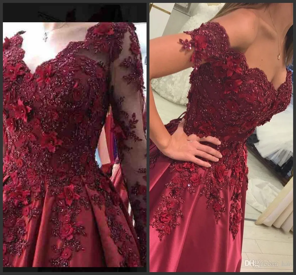 2022 Sexy prom dresses off shoulder sweetheart baljurk kant applicaties bloemen plus size bordeaux satijn feestjurk formele avondjurken