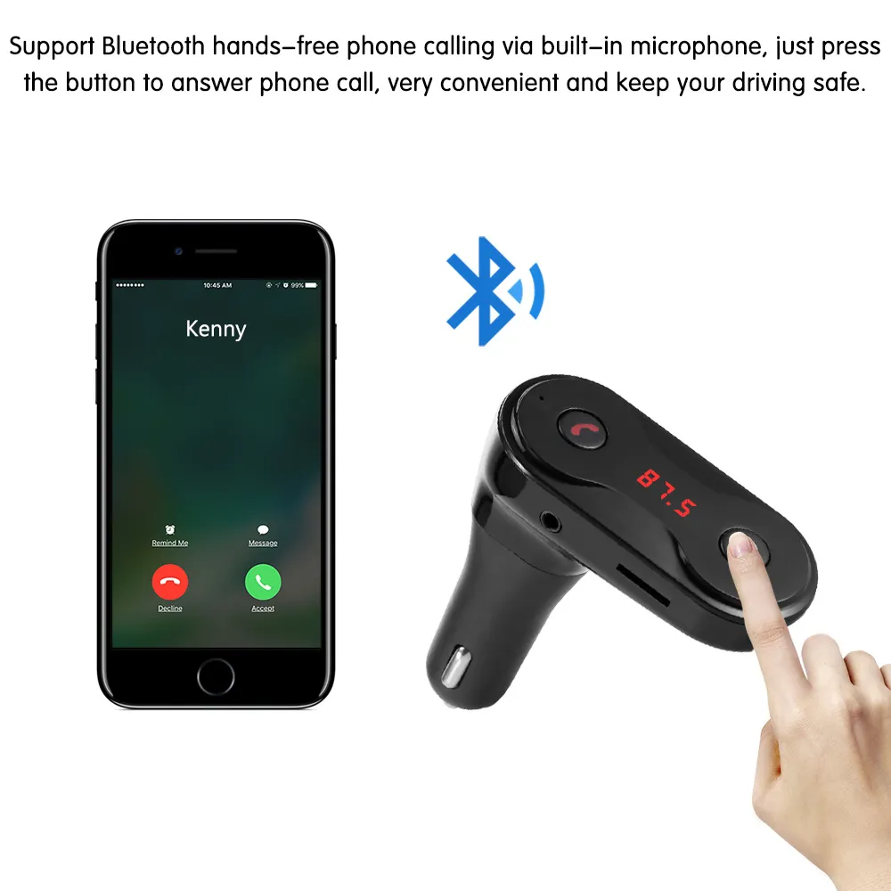 Eller serbest Bluetooth Araç Kiti C8 FM Verici Modülatör Araç Şarj AUX Eller Serbest Müzik Mini MP3 Çalar SD USB LCD 30 adet / grup