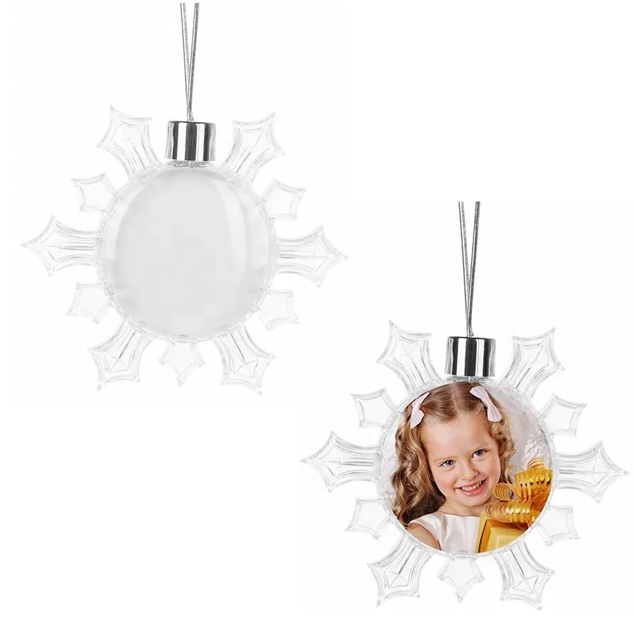 Sublimering Julprydnader Snowflake Ball Shape Personliga Anpassade Förbrukningsvaror Tillbehör Hjärtöverföring Tryck Xmas Present 8,5cm