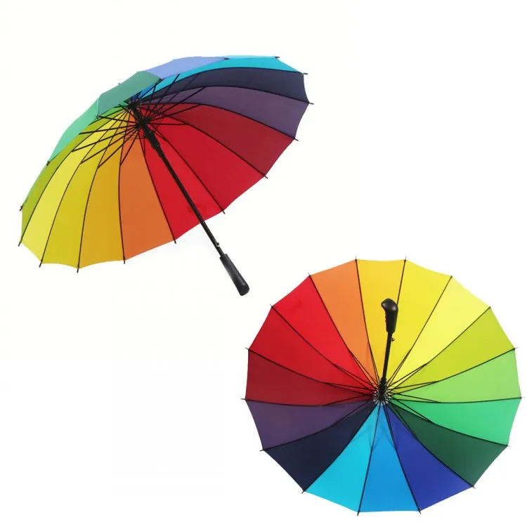 Hochwertiger bunter Regenbogen-Regenschirm mit langem Griff, winddicht, verhindert UV-Strahlung, Druckknopf-Regenschirme, Regenschutz-Regenschirme