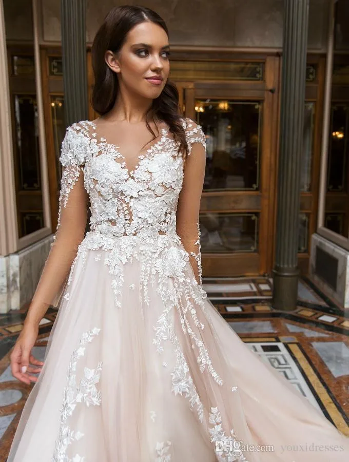 Custom Made 2019 A Line Wedding Dress With Long Sleeves Appliques