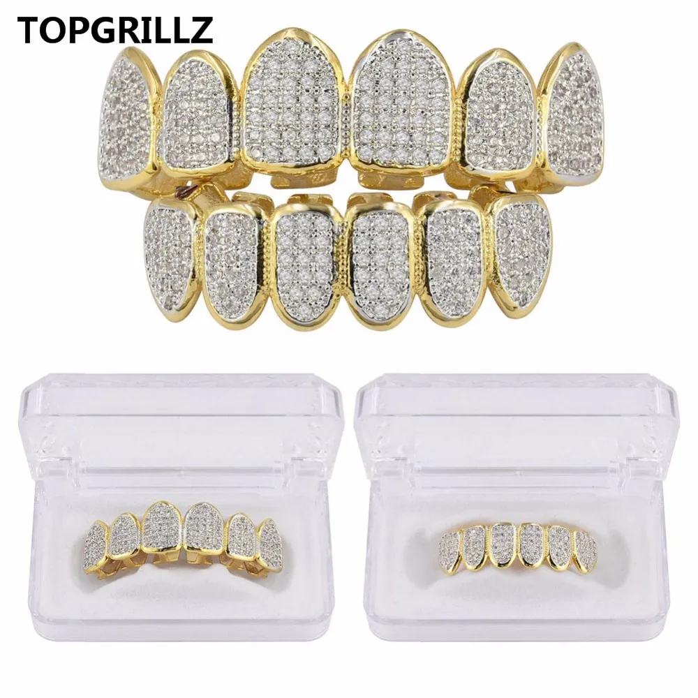 TopGrillz Golden Color Placcato CZ Micro PAVE Esclusivo Topbottom Gold Grillz Set Hip-Hop Classic Denti Griglie