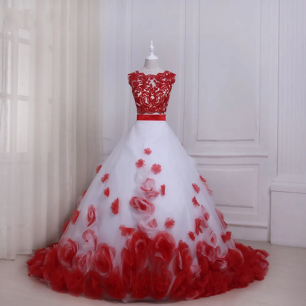 red and white two piece prom dress Bead Dotted Red Lace Two-piece Long Sleeve Prom Dress