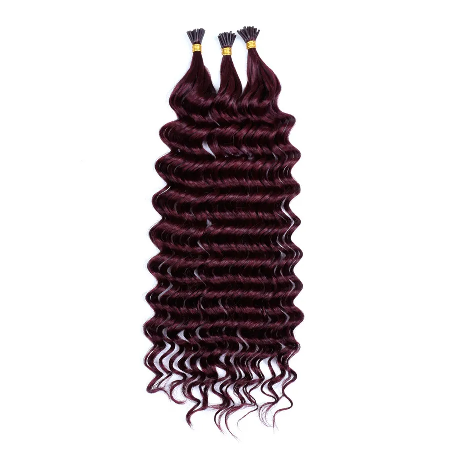 ELIBESS HAIR - 99J# Color Deep Wave Hair 100sI-Tip Non Remy Human Hair Extension 1.0g/Strand