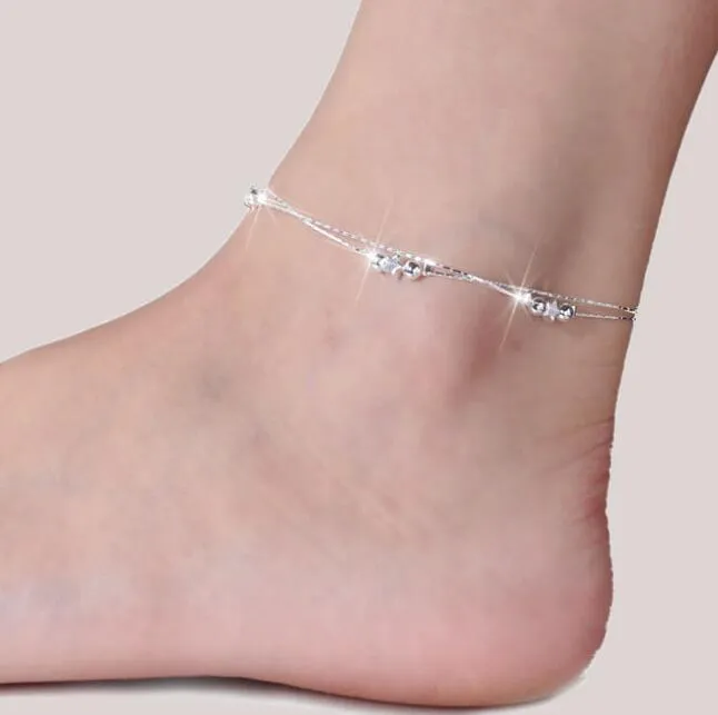 Fashion 925 Sterling Silver Anklets For Women Ladies Girls Unique Nice Sexy Simple Beads Silver Chain Anklet Ankle Foot Jewelry Gift Wedding