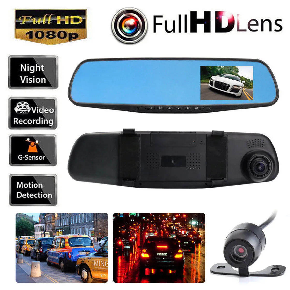 HD 1080p 4.3 '' Dual Lens Video Recorder Dash Cam backview Spegelbil DVR-kamera Gratis frakt