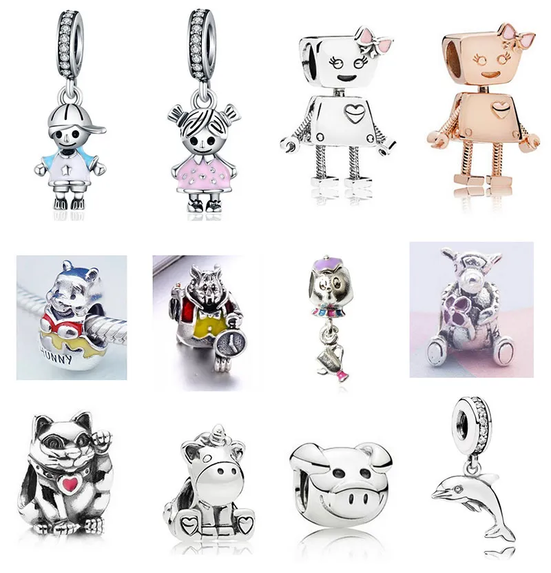 Pasuje Pandora Sterling Silver Bransoletka Chłopiec Dziewczyna Bella Robot Czajniczek Mysz Niedźwiedź Koraliki Charms Dla Europejskiej Wąż Charm Łańcuch Moda DIY Biżuteria