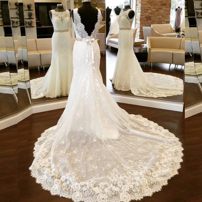 Sexy Plus Size Mermaid Backless Wedding Dresses Illusion Neck Sleeveless Lace Bridal Gowns with Beaded Sash Sheer Train