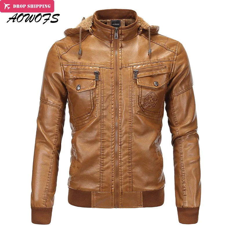 Partihandel - Aowofs Winter Mens Brown Leather Bomber Jackor Hooded Warm Faux Sheepskin Motorcykel Chaqueta Män Quiltade läderrockar med Ha