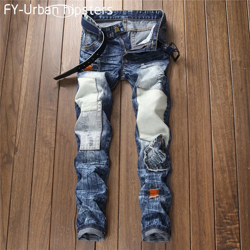 mens 2018 fashion black ripped cal a jeans slim masculina patch vintage jeans men Casual plus size straight patchwork mens