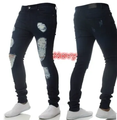 Mens Solid Color Distressed Biker Cool Jeans Fashion Slim Ripped Washed Pencil Pants Men Jean Male High Street220s