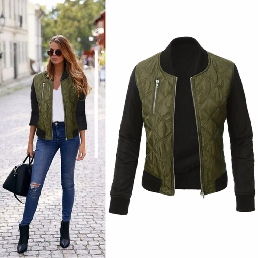 PUSEKY Moda Sonbahar Kadın Ordu Yeşil Bombacı Ceketler Parkas Serin Fermuar Aşağı Ceket Palto Streetwear Patchwork Biker Dış Giyim
