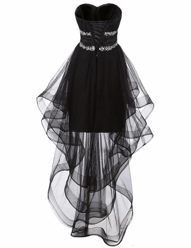 2019 Homecoming Hi-lo robes noires chérie longues robes de soirée pour les femmes à lacets Backelss robes de soirée de bal