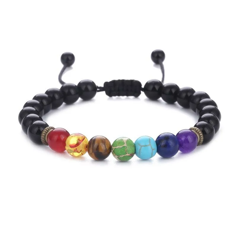 2021 Perlenstränge sieben Chakra-Energiestein-Handschnur aus natürlichem Grün und goldenem Auge, verstellbarer gewebter Armreif aus Lavastein-Yoga-Armband