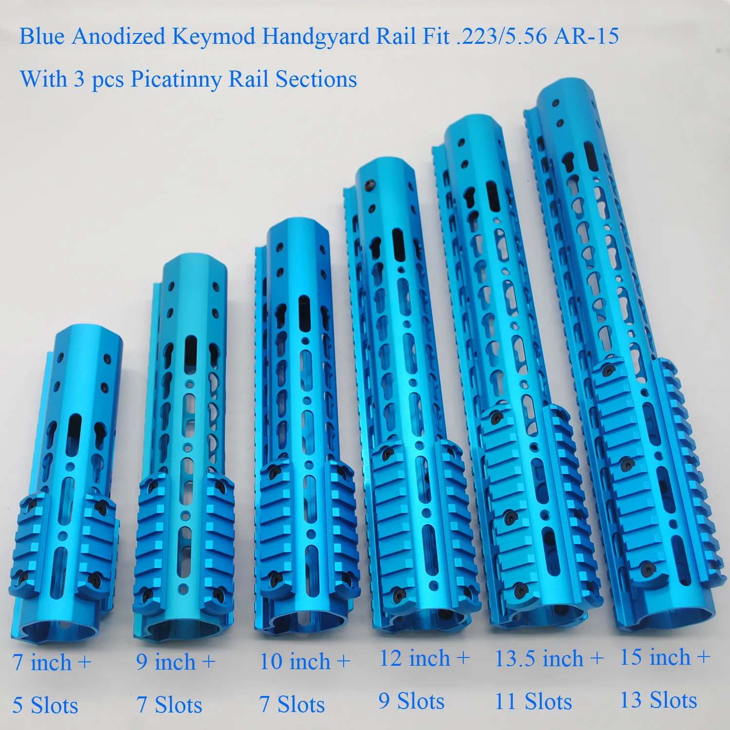 7/9/10/12/13,5 / 15 '' Inch Keymod Handguard Rail + 3 st Picatinny Sections System_Blue Color anodiserad + Stålfatmutter