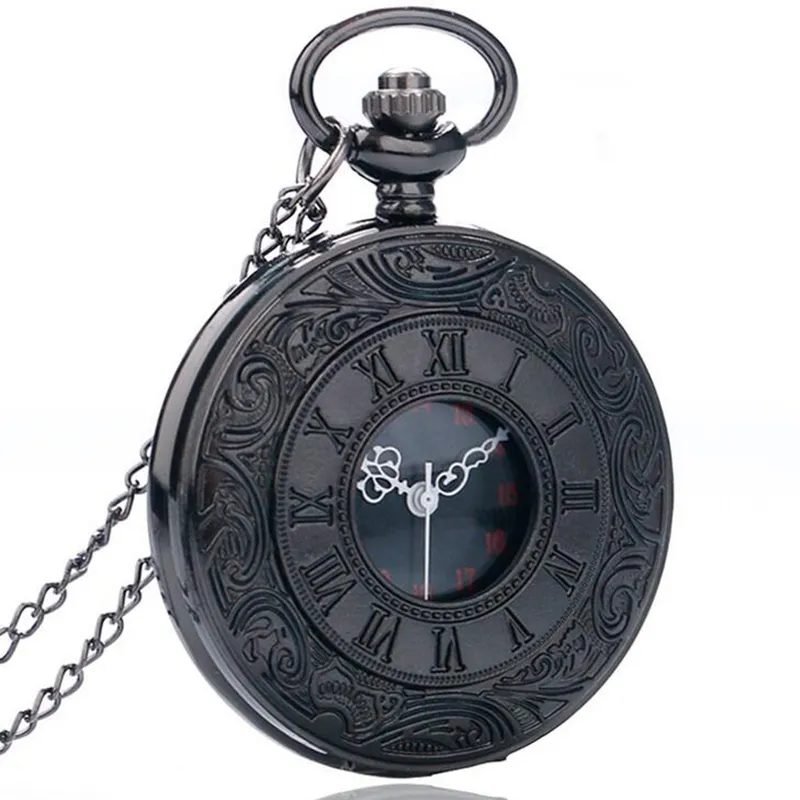 Vintage Charm Black Unisex Fashion Roman Number Quartz Steampunk Pocket Watch Women Man Necklace Pendant with Chain Gifts275e