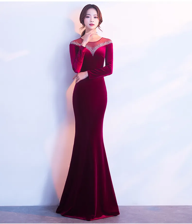 2018 Nuevo O- Cuello Terciopelo Vestido de noche Largo Royal Blue Burgundy 2018 Nuevo Longitud