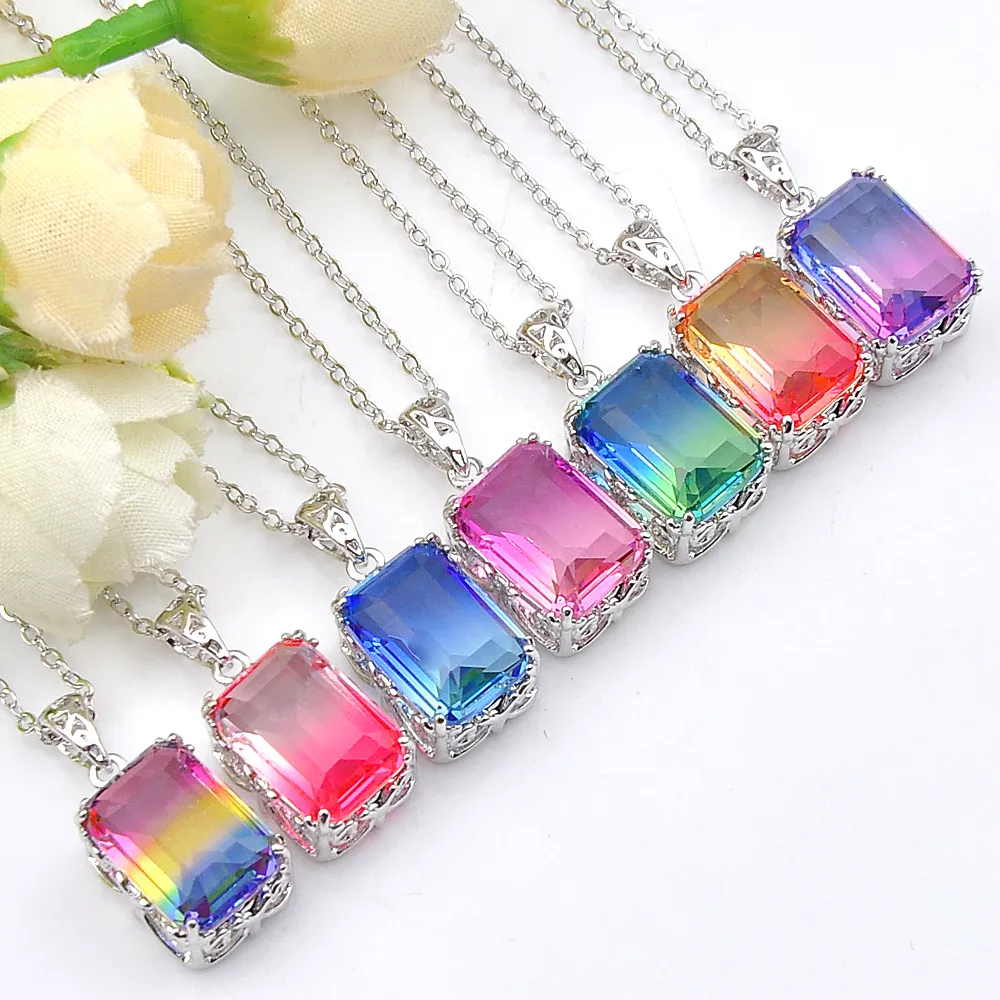 Hugo Rainbow 7pcs/lot Holiday Jewelry Gift Square Vintage Bi-colored Tourmaline Mystic Gems 925 Silver Pendant Necklace