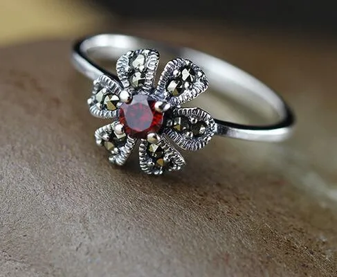 Projeto Da Flor do vintage Garnet Pedra Vermelha Real Sterling Thai Prata 925 Jóias Feminino Presente Do Dia Dos Namorados 6 7 8 Anel de Amor Das Mulheres