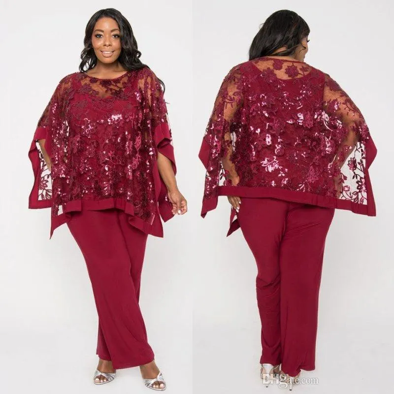 Abito per la madre della sposa con paillettes in pizzo bordeaux Abito con pantaloni per la madre della sposa con collo gioiello Abito formale per ospiti di nozze con abiti da sposo per la mamma Wape Plus Size