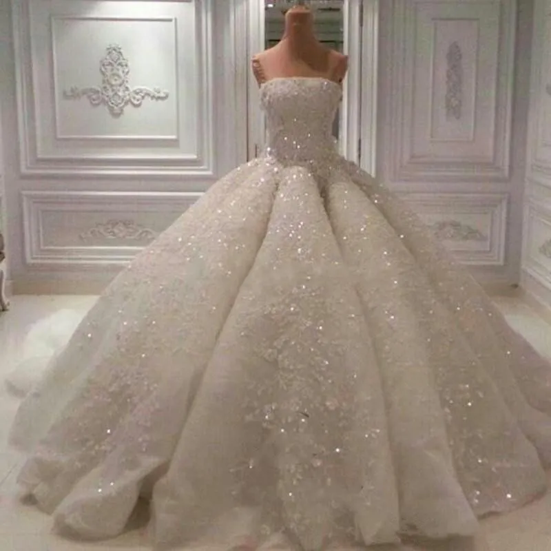 2018 Abiti da sposa brillanti con abiti da ballo Abiti da sposa con perline applique senza spalline Abito da sposa con paillettes su misura di alta qualità