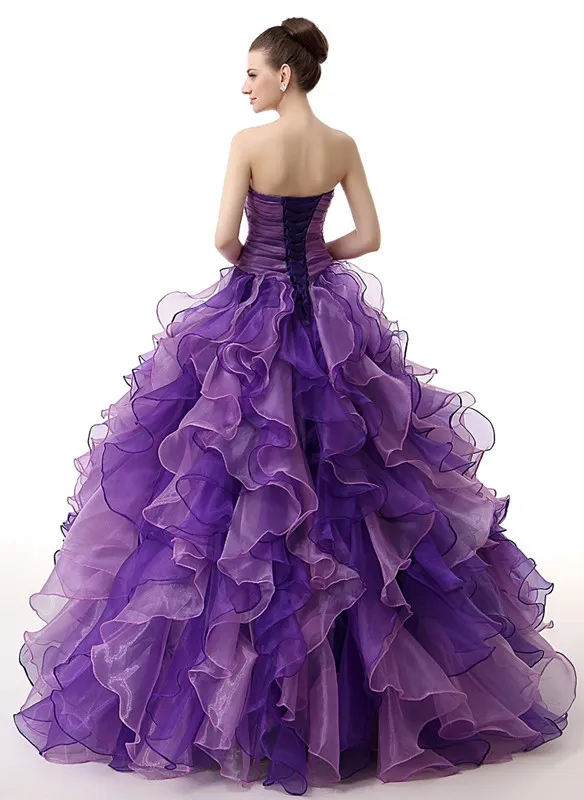 Purple Puffy 2018 Tanie Quinceanera Sukniejki Suknia Balowa Sweetheart Organza Zroszony Ruffles Sweet 16 Dresses