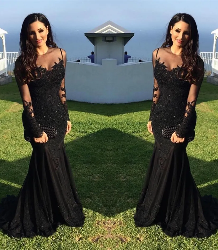 Black Plus Size Wedding Sexy Arabic Illusion Lace Appliques Crystal Beaded Mermaid Long Sleeves Formal Evening Gowns HY380